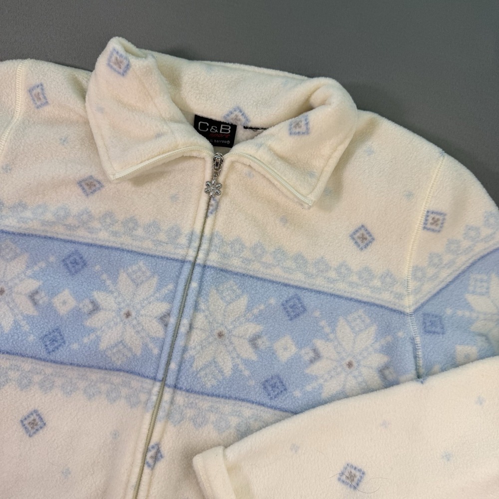 Womens C&B White Fleece Winter Cardigan Jacket Zipper Sz‎ L Snowflake Snow